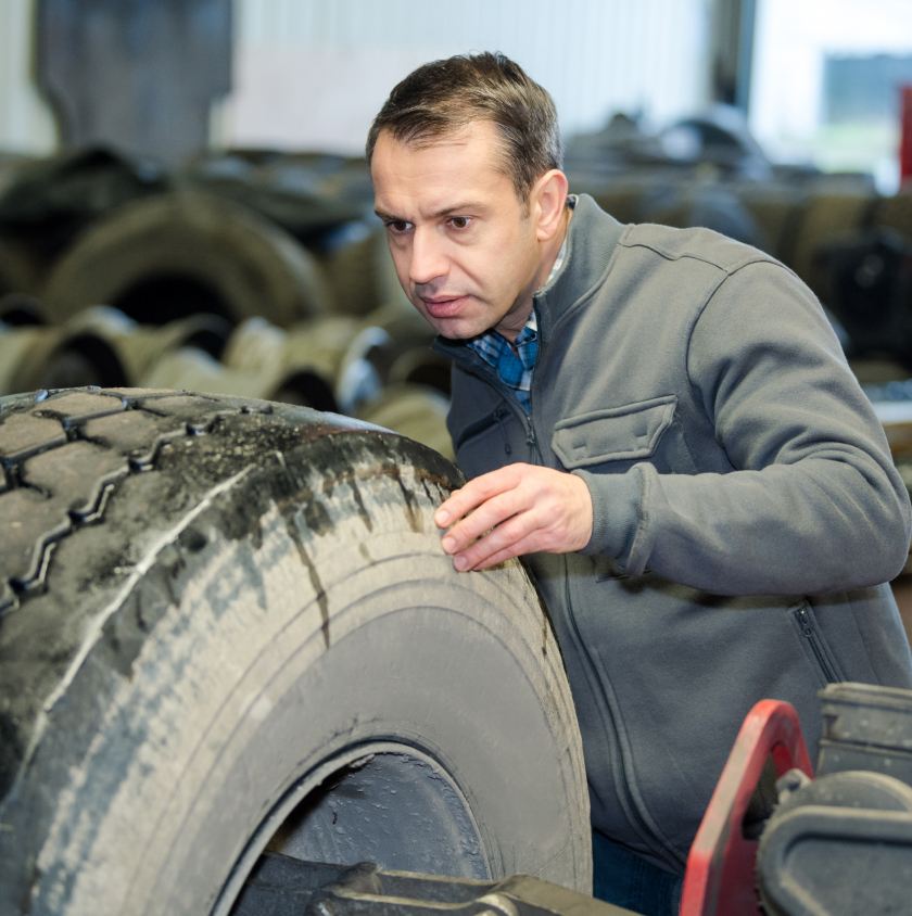 Focused-mechanic-inspecting-worn-truck-tire-in-auto-repair-shop