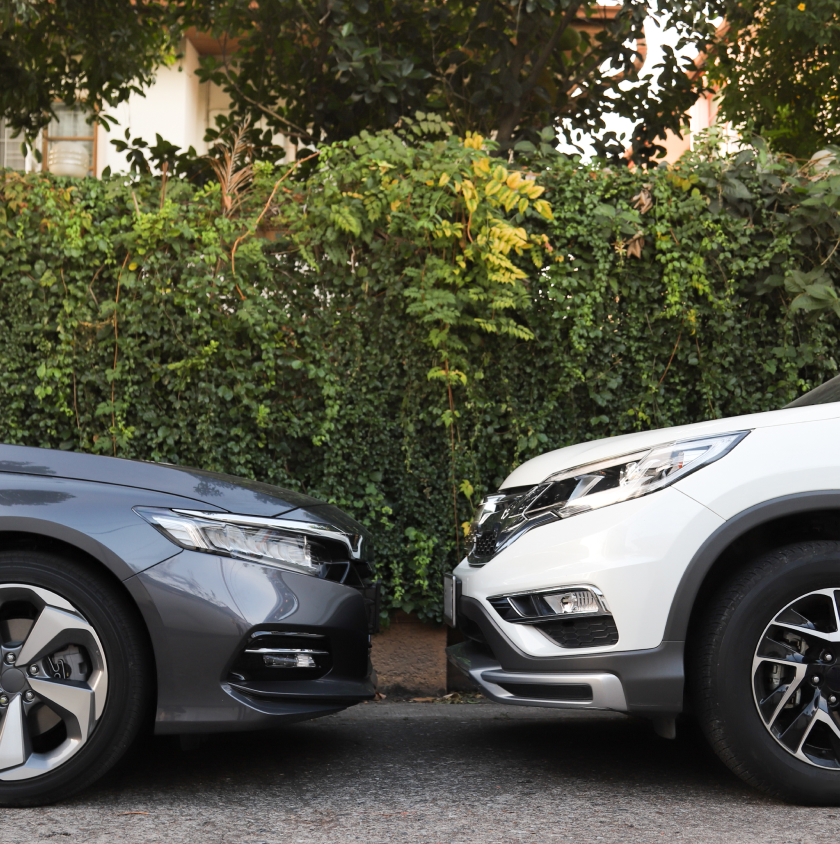 Two-modern-cars-parked-nose-to-nose-gray-and-white-vehicles-with-lush-greenery-background