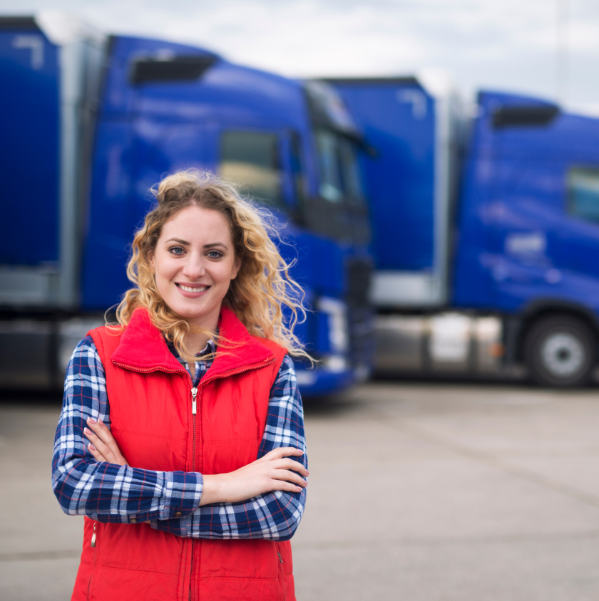 Confident-female-truck-driver-standing-in-front-of-blue-trucks-with-arms-crossed